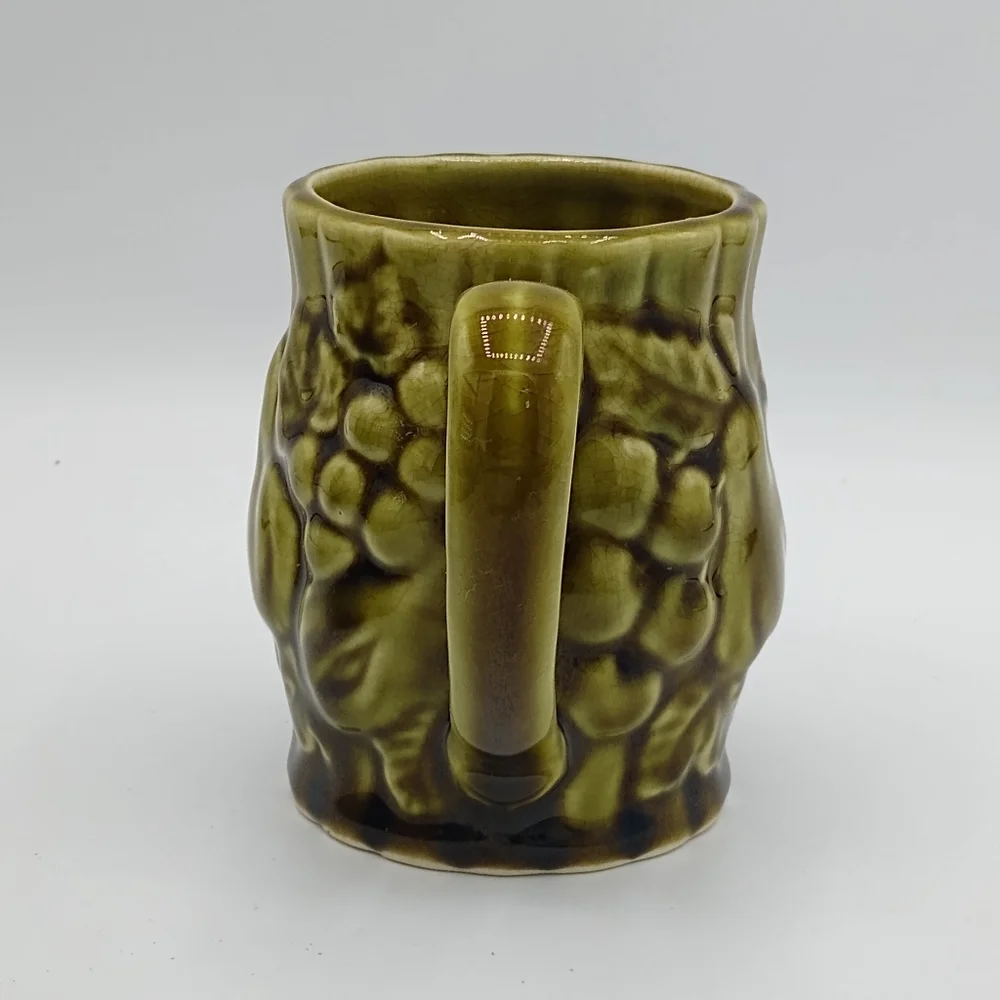 Japan Ceramic Embossed Relief Fruit Grapes Pears Avocado Green Tea Cup Mug Vtg